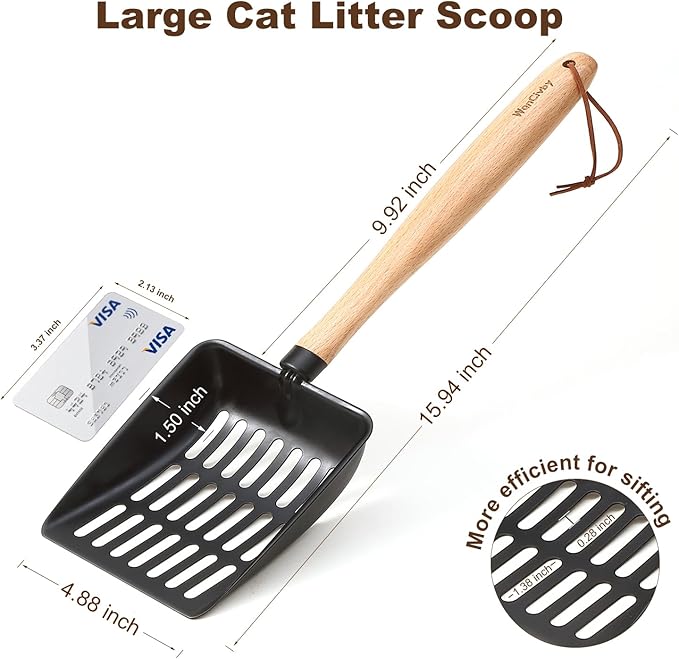 Premium Cat Litter Scoop with Ergonomic Beech Wood Handle - Stainless Steel Sifter with Hook & Hole for Easy Cleaning, Durable & Odor-Free (Teflon Long)