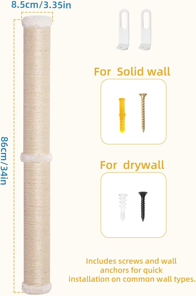 2-Pack 34-Inch Cat Wall Scratcher, Sturdy Sisal Wall Mounted Cat Scratching Posts for Indoor Large Adult Cats Climb Stretch Play