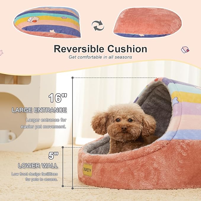 Jiupety Cute Cat Beds for Indoor Cats, Cat Cave Bed for Kittens, Hideaway Cat House for Cats & Small Dog with Anti-Slip Bottom, Washable Removable Cushion, L(19"x17"x16"), Rainbow