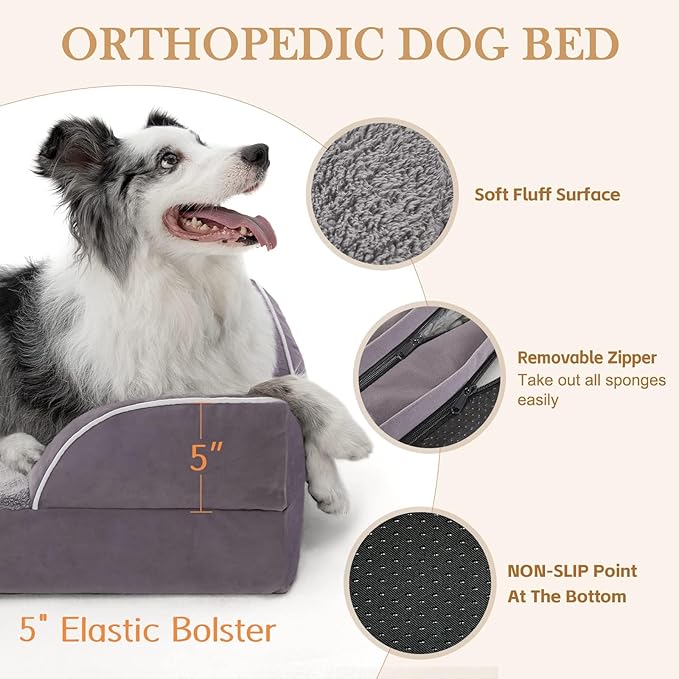 Comfort Expression Orthopedic Dog Bed for Large Dogs 36x27 Inch, Waterproof Supportive Egg Crate Foam Large Pet Bed with Removable Bolsters, Dog Couch with Washable Cover & Non-Slip Bottom, Purple