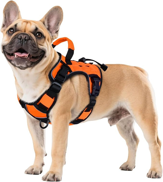WINGOIN Orange Tactical Dog Harness for Small Dogs, Heavy Duty No Pull Harness with Handle, Adjustable Reflective Military K9 Pet Vest for French Bulldog, Pug, Walking, Training, Hunting (S)