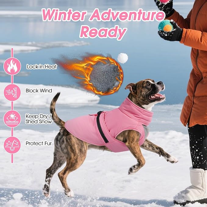 Medium Dog Coat, Warm Dog Winter Jacket, Waterproof Dogs Snowsuit with Foldable High Collar, Reflective Strips, Leash Hole, and Adjustable Hook & Loop Closure - Ideal for Cold Weather - Pink M