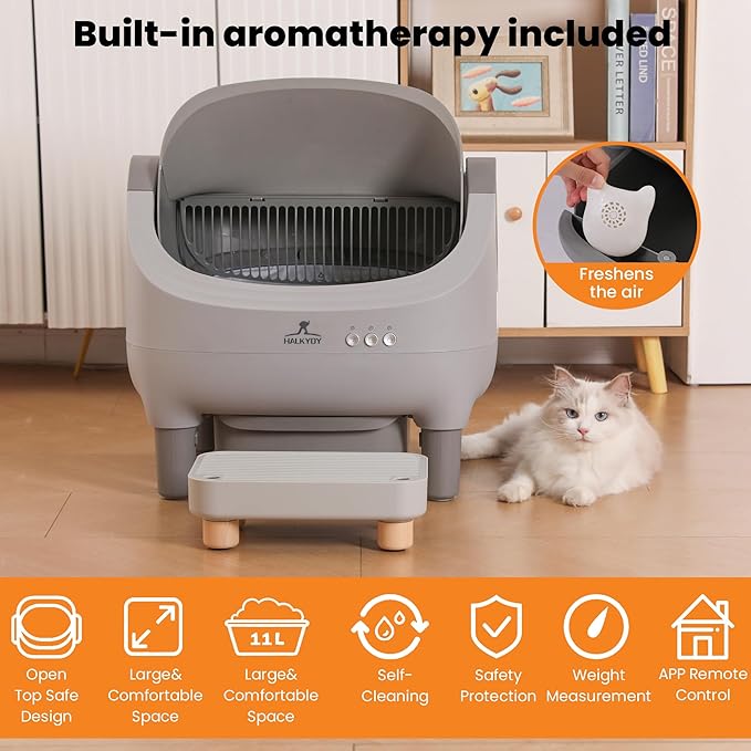 Upgraded Automatic Litter Box Self Cleaning, with Raised Step, Open Top Large Capacity for Multiple Cats, Odor Control & Safety Protection & Smart App Control Health Monitoring & Quiet Operation
