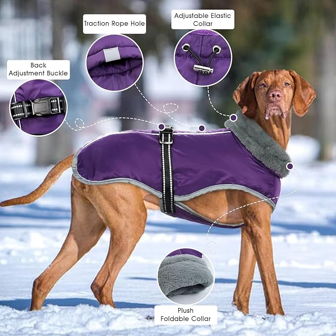 Dog Coats for Large Dogs,2XL Warm Fleece Winter Jacket,Dog Coat with Leash Hole,Waterproof Pet Cold Weather Coats Vest,Dogs Winter Clothes,Reflective Turtleneck PRT Snowsuit,Purple,2XL