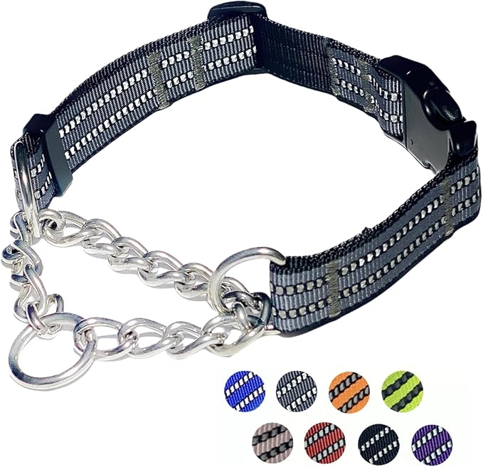 Martingale Dog Collars, Reflective Nylon Collar with Stainless Steel Chain, Adjustable Walking Training Dog Collars with Quick Release Buckle, Suitable for Small Medium Large Dogs(Gray,M)