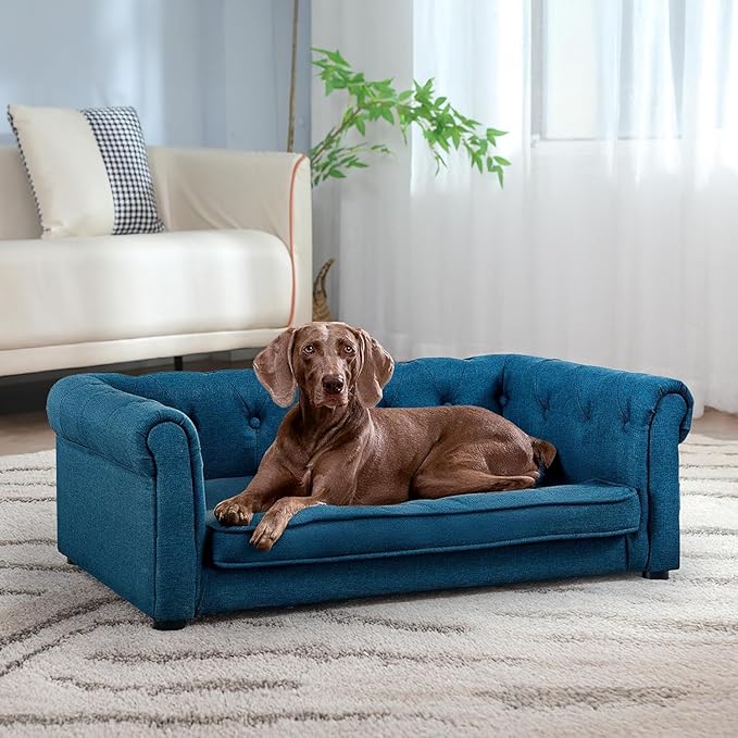 Dog Sofa Couch for Medium Dogs, 31" Memory Foam Dog Couch with Washable Fabric, Removable Cushion, Sofa Bed for Medium Dogs, Blue
