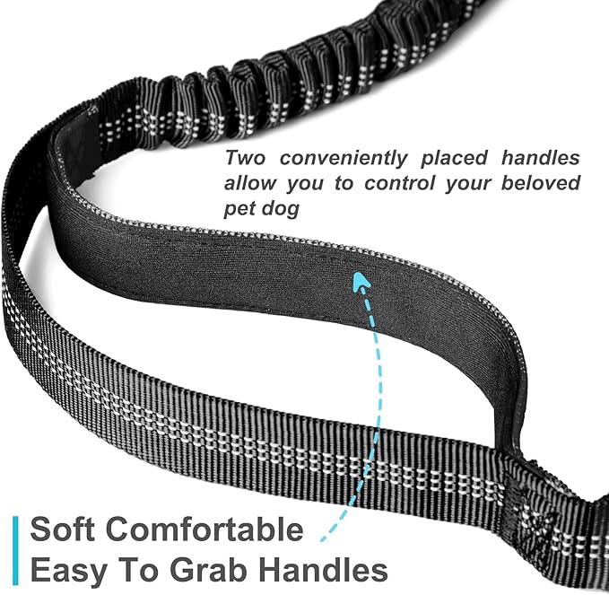 Hands Free Dog Leash, Adjustable Waist Leash for Dog Walking, Dual Bungee 4.2-6.7 Feet Long with Reflective Stitches for Walking Hiking Running, Fits 26"- 43" Inch Waist, Black