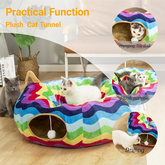 LUCKITTY Large Cat Tunnel Bed Under Christmas Tree with Fluffy Toy Balls, Small Cushion and Flexible Design- 10 inch Diameter, 3 ft Length- Great for Cats, and Small Dogs, Rainbow Wave Color