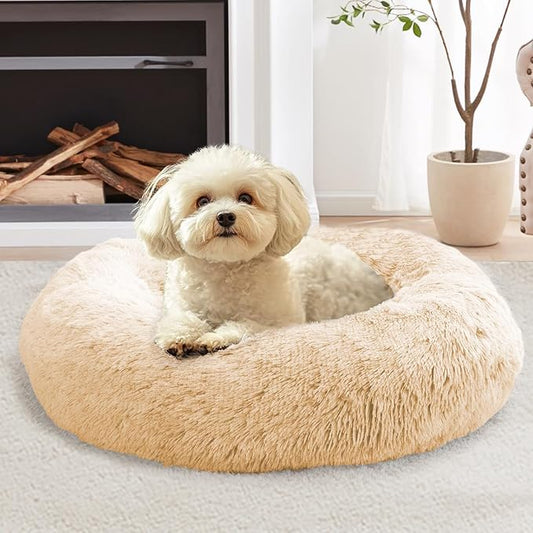 JOLLYVOGUE Calming Dog & Cat Bed for Small Dogs, Anti-Anxiety Donut Cuddler Cozy Soft Round Bed with Anti-Slip Bottom, Fluffy Faux Fur Plush Cushion Beds for Small Medium Dogs (20")
