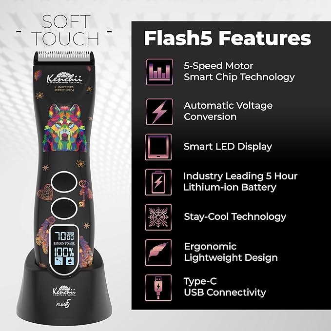 Kenchii Flash 5 Wolf Limited Edition - 5-in-1 Digital Cordless Clipper - Precision Pet Grooming: Trim, Shape, and Style Effortlessly USB-C Charging (Black)