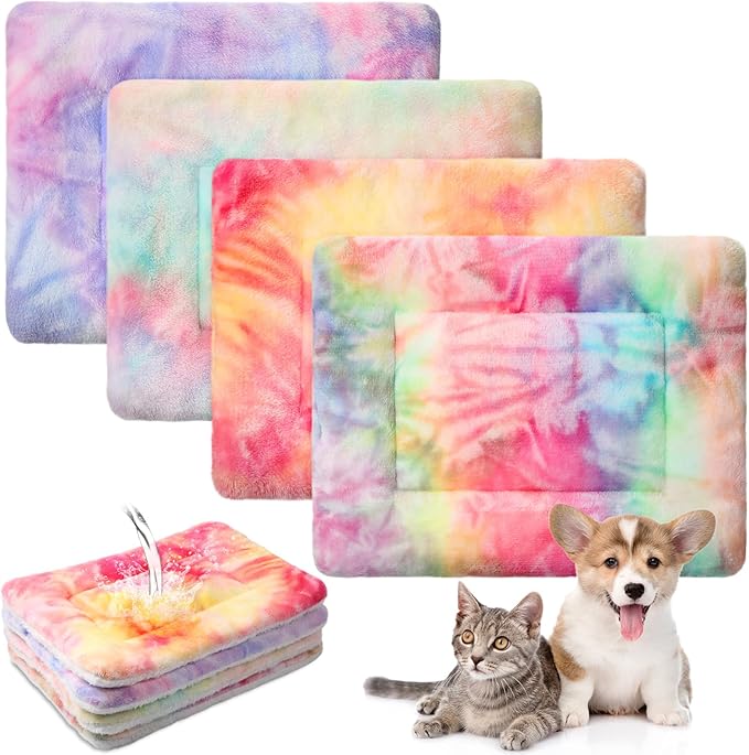 Haull 4 Pcs Waterproof Guinea Pig Bedding Winter Guinea Pig Bed Plush Cage Liners Soft Dog Cat Mat Reversible Winter Cozy Animal Pee Pad Hamster Bed Mat for Bunny (Tie Dyed,18 x 24 Inch)
