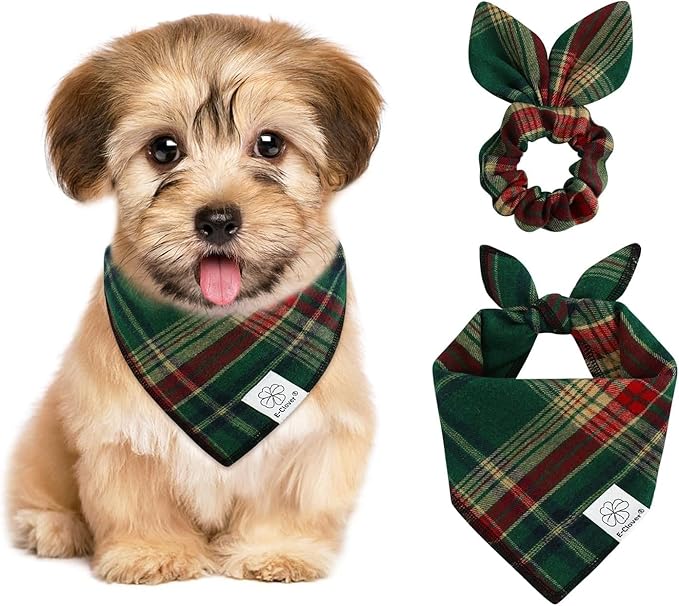 E-Clover Christmas Dog Bandana & Matching Scrunchie Green Red Plaid Pet Dog Scarf Cute Dogs Costumes Accessories for Small Medium Large Dogs