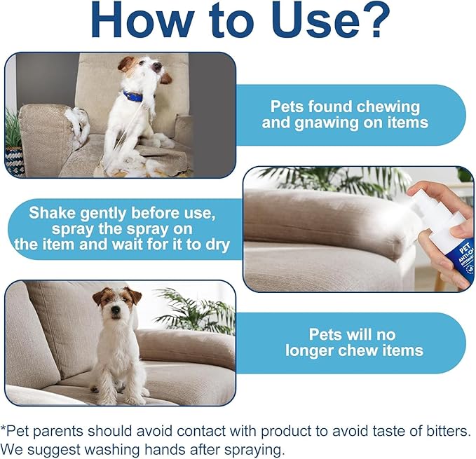 No Chew Spray for Dogs 120ML Bitter Apple Spray for Dogs Stop Chewing Licking of Furniture, Shoes, Bandages, Dog Training & Behavior Aids Spray, Indoor & Outdoor Use for Dog Deterrent Spray