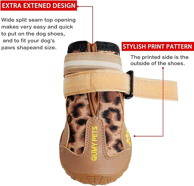 QUMY Dog Shoes for Large Dogs, Medium Dog Boots & Paw Protectors for Winter Snow Day, Summer Hot Pavement, Waterproof in Rain Weather, Outdoor Walking, Indoor Hardfloors Anti Slip Sole Leopard Size 2