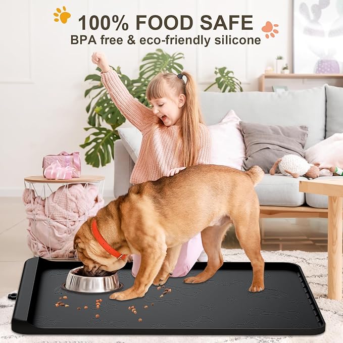 Dog Food Mat - Silicone Dog Mat for Food and Water - 36" x 24" Large Pet Feeding Mats with Residue Collection Pocket - Waterproof Cat Bowl Mat with High Edges to Prevent Water Food Spills (Black)