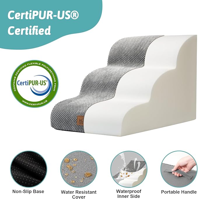 Dog Stairs for Small Dogs 15.7" H, Curved Dog Step for Puppy, Older Cat, Medium Pet Ramp for Sofa, Couch or Chair, Ladder with High Density Foam, 3 Step, 15.7x22.4x15.7 inch, Grey