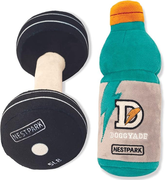 Nestpark Fitness Funny Dog Toys - Doggyade and Doggy Dumbbell Workout Parody Cute Dog Toys - 2 Pack (Workout Pack)