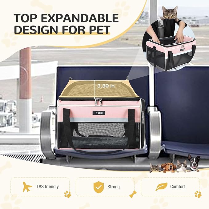 Lekereise Top-Expandable Pet Carrier - TSA Airline Approved Soft Sided Underseat Up to 12lbs Travel Carriers for Small Cats and Dogs with Locking Safety Zippers Anti-Scratch Mesh Pink