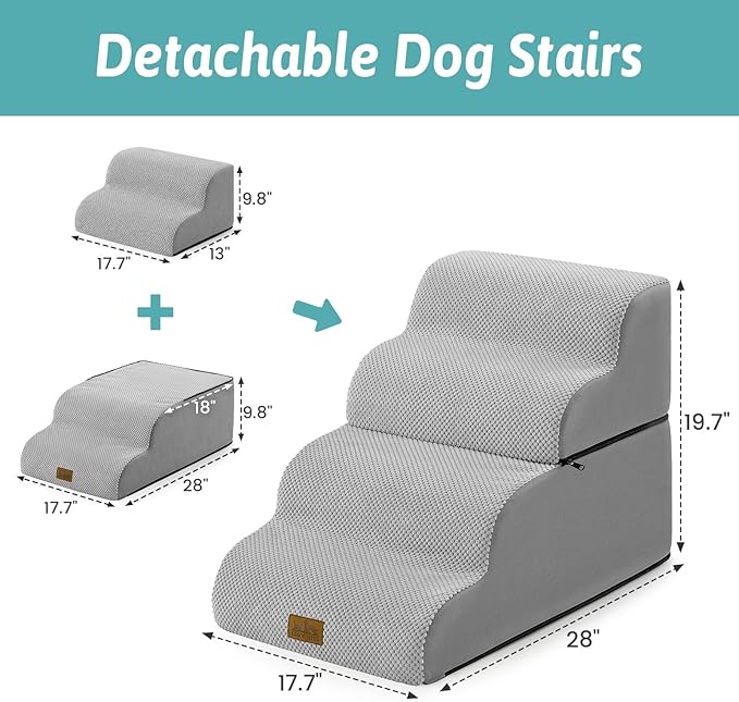 Wide Dog Stairs for Small Dogs 19.7" H, Detached Dog Step for Puppy or Older Cat, Ramp for Bed, Sofa, Couch or Chair, Ladder with High Density Foam, 17.7x28.3x19.7 inch, 4 Step, Grey