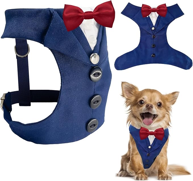AVERYDAY XS Pet Tuxedo Harness, Wedding Costume Outfit for Small Dogs, Slim Cats and Tiny Pets with 8.3" Neck, 13-14.6" Chest, 10" Max Head Girth, Formal Suit Costume for Mini Breeds