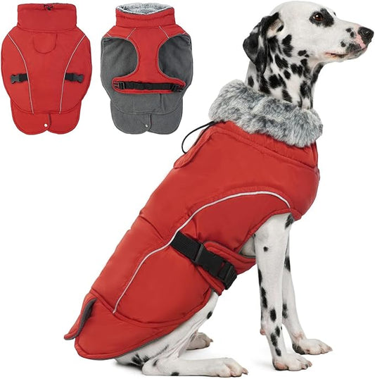 DENTRUN Extra Large Warm Dog Jacket - Windproof Water Repellent Reflective Coat, Adjustable Plush Turtleneck, Easy Wear Fleece Lined Cold Weather Vest for Great Dane, Red, XXXL