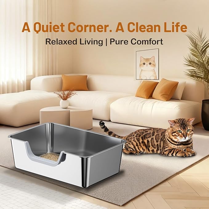 Stainless Steel Cat Litter Box, Large Metal Cat Pan Box, 6 Inch High Sides Low Entry Kitten Litter Boxes, Litter Pan for Older Cats, Easy Cleaning, Non Stick, No Smell, 17.7" x 13.8", Gray