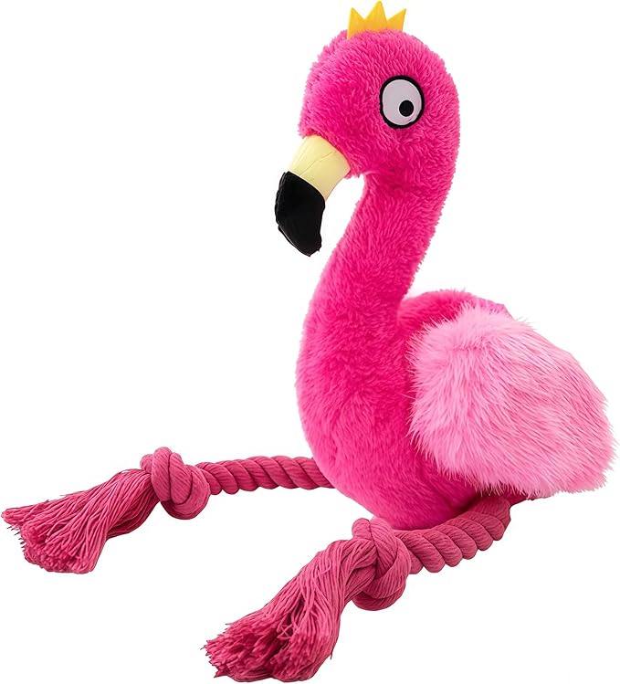Plush Flamingo Dog Toy with Rope Legs, Pink, Interactive Squeaky Chew Toy for Small, Medium Dogs, Tug-of-War Play