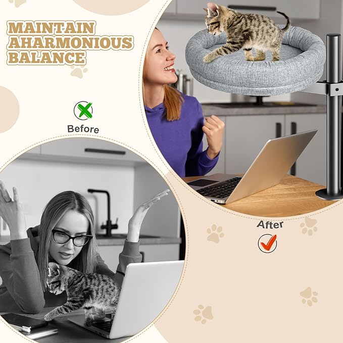 Cat Bed - Desk Cat Nest with 360 Rotation & Adjustable Height - Soft & Comfortable - Indoor Cats Up to 40 lbs (Grey)