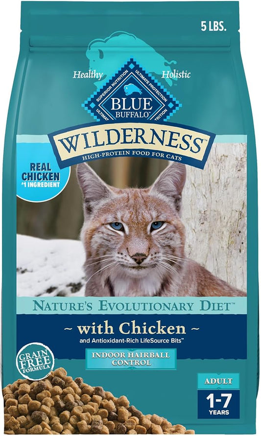 Blue Buffalo Wilderness Natural Hairball Care Dry Cat Food for Indoor Cats, High-Protein & Grain-Free Formula, Chicken, 5-lb. Bag
