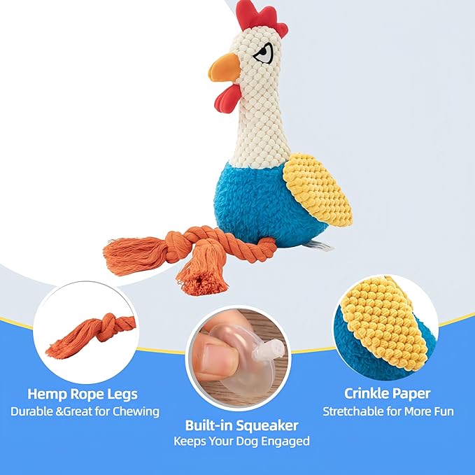 Plush Rooster Dog Toy with Squeaker, Interactive Rope Legs, Colorful Textured Chew Toy for Small, Medium Dogs, Tug-of-War, Fetch