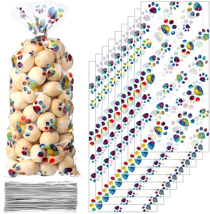 Blulu 100 Pieces Dog Treat Bags Puppy Party Favor Pet Paw Cone Cellophane Bags Candy Heat SealableDog Paw Gift with 100 Pieces Silver Twist Ties for Pet Cat Treat Party Favor(Rainbow Color)