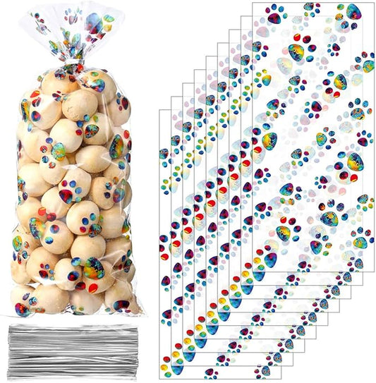 Blulu 100 Pieces Dog Treat Bags Puppy Party Favor Pet Paw Cone Cellophane Bags Candy Heat SealableDog Paw Gift with 100 Pieces Silver Twist Ties for Pet Cat Treat Party Favor(Rainbow Color)