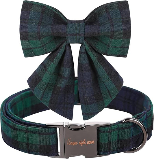 Unique style paws Christmas Dog Collar with Bow Tie Green Plaid Puppy Collar for Small Medium Large Dogs as Autumn Winter Pet Gifts-S