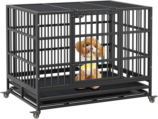 42 in Heavy Duty Dog Crate, Foldable Indoor Dog Cage with Double Door, 360° Lockable Wheels and Removable Tray, Easy to Clean and Assembly，for Small Medium Large Dogs