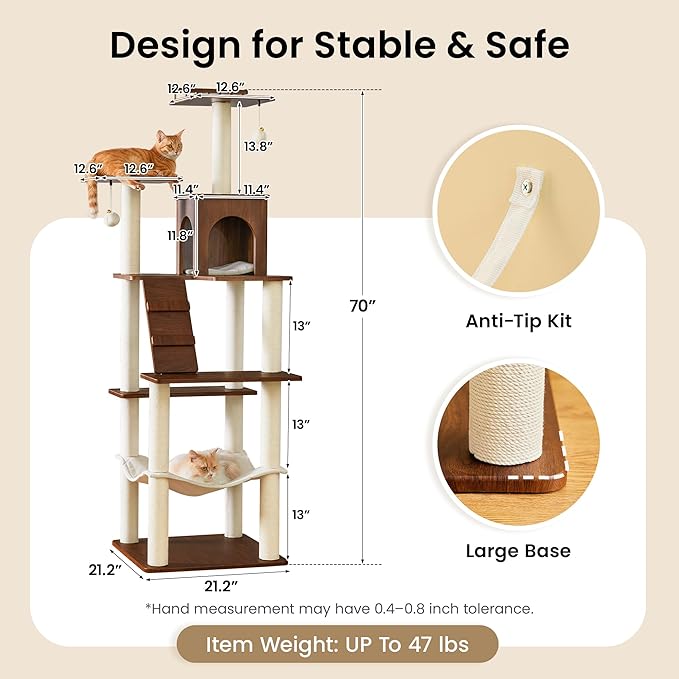 Large Modern Cat Tree - 70 inch Tall Cat Tower for Indoor Cats, Multi-Level Cat Condo with 7 Fully Wrapped Scratching Posts,2 Spacious Perches, Hammock, Cozy Pad & Dangling Balls-Walnut Brown