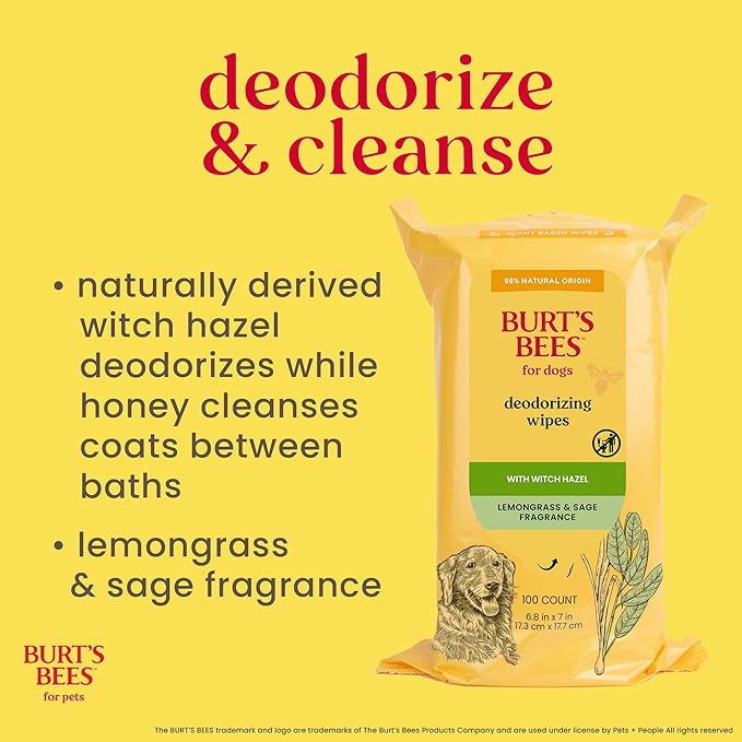 Burt's Bees for Pets Deodorizing Dog Wipes with Witch Hazel, Lemongrass and Sage Fragrance, 98% Natural Origin Formulas, Dog Wipes Cleaning and Deodorizing, 100ct