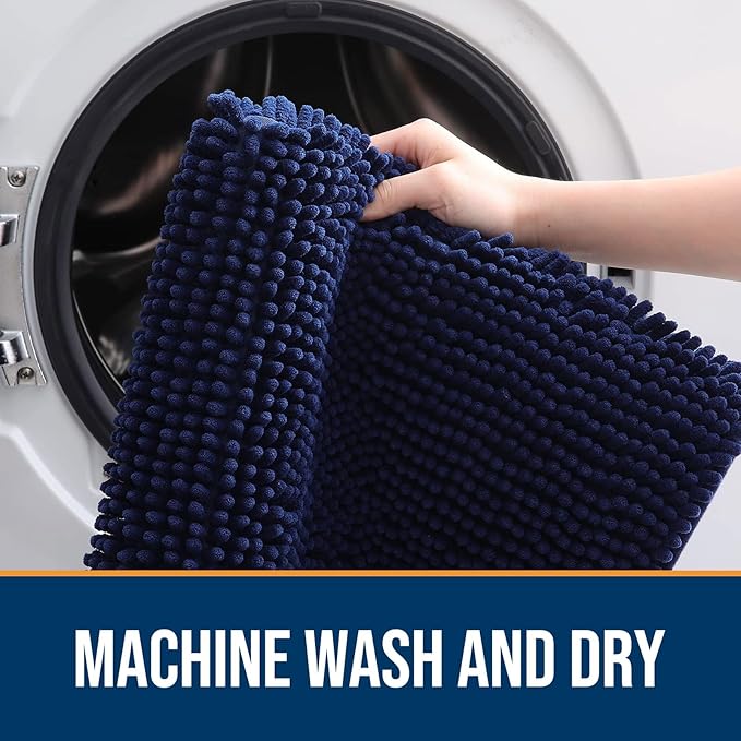 OLANLY Dog Door Mat for Muddy Paws 45x27, Absorbs Moisture and Dirt, Absorbent Non-Slip Washable Doormat, Quick Dry Chenille Mud Mat for Dogs, Entry Indoor Entryway Carpet for Inside Floor, Navy Blue