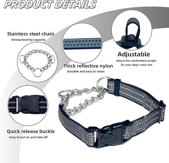 Martingale Dog Collars, Reflective Nylon Collar with Stainless Steel Chain, Adjustable Walking Training Dog Collars with Quick Release Buckle, Suitable for Small Medium Large Dogs(Gray,S)