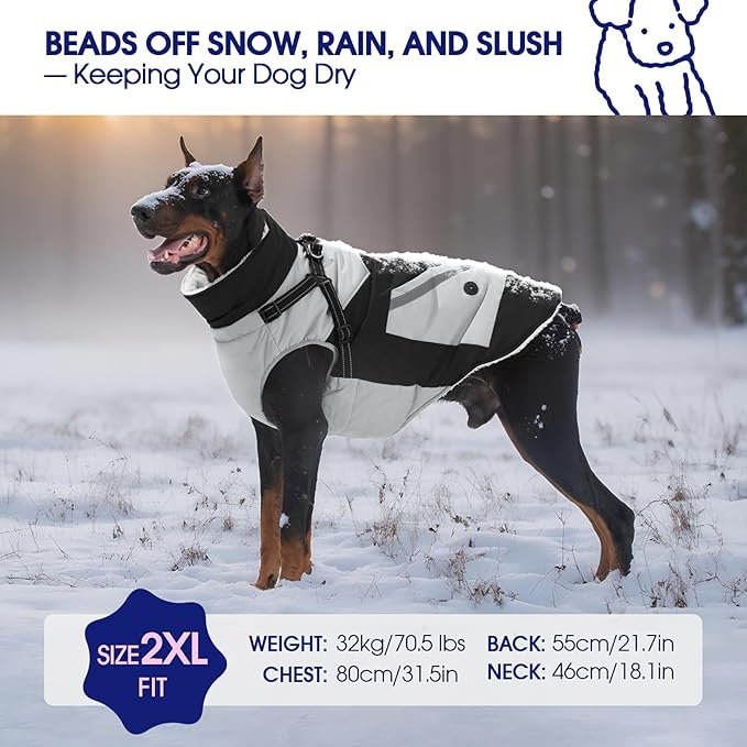 FUAMEY Dog Winter Jackets for Large Dogs,Dog Coat with Harness Built in,Waterproof Dogs Snowsuits Warm Pet Jacket Zip Up Fleece Cold Weather Coats Reflective Puppy Vest with Pocket Black XL