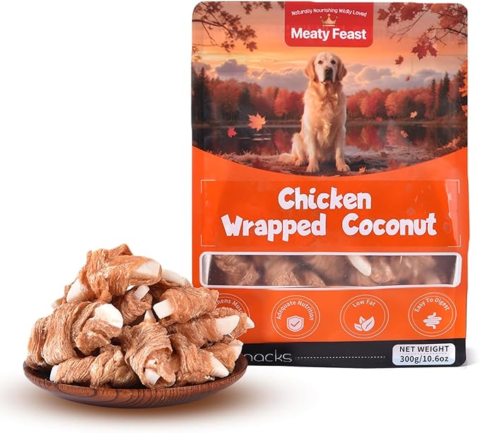 Chicken Wrapped Coconut Dog Treats, Healthy and 100% Natural Chicken Jerky Chewy Bites, Low Fat High Protein Training Snacks for Small Medium Large Dogs, Grain & Gluten Free, 10.58oz
