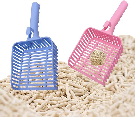 YXQ 2Pcs Litter Scoop for Cats Plastic Durable Deep Shovel Small Holes and Long Handle for Sifting Kitty Litter (Red+Blue)