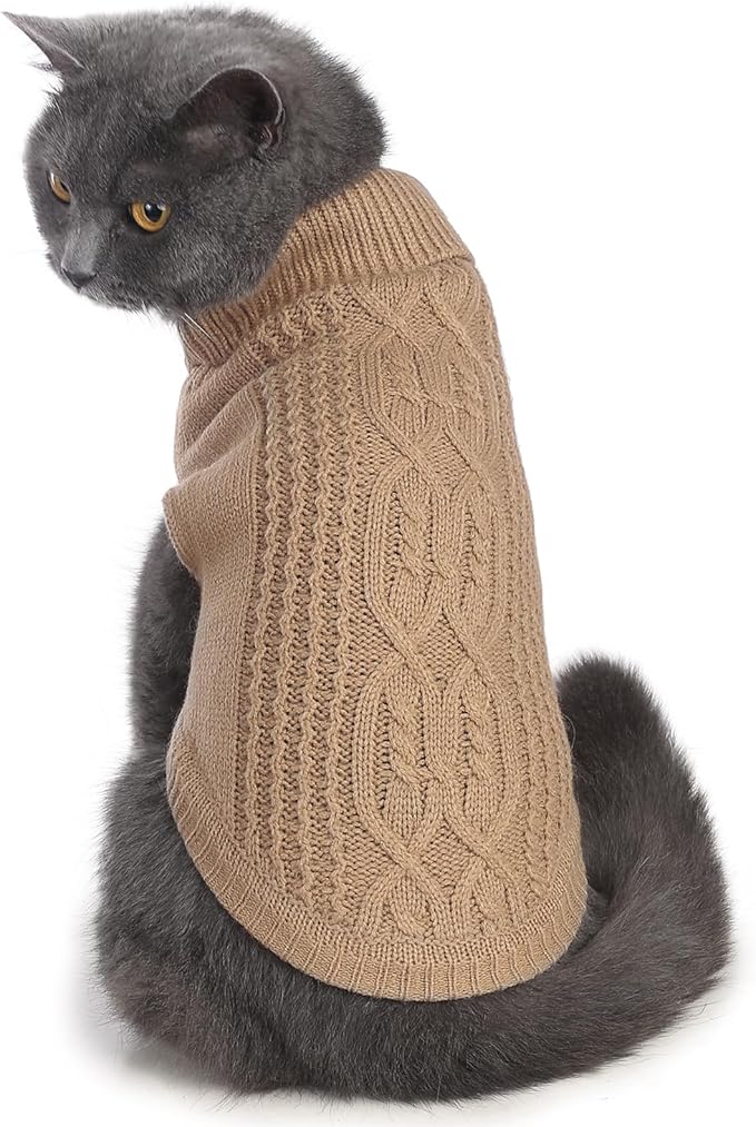 Cat Sweater Keep Your Pets Cozy, 16 Color Turtleneck Knitted Sleeveless Cat Clothes, Winter Outfits for Cats & Small Dogs During Cold Seasons (Khaki, Small)
