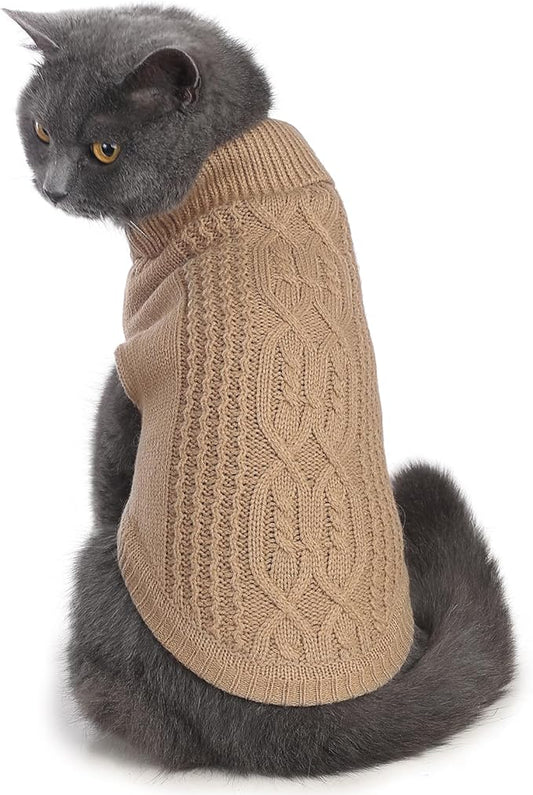 Cat Sweater Keep Your Pets Cozy, 16 Color Turtleneck Knitted Sleeveless Cat Clothes, Winter Outfits for Cats & Small Dogs During Cold Seasons (Khaki, Small)