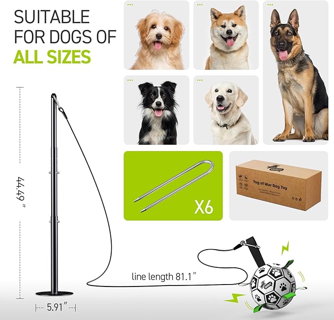 QDAN Tether Tug Outdoor Dog Toy, Tetherball Ball and Rope Set with Pole, Dog Rope Toy, Exercise Tug of War Toy, Tether Tug for Large Dogs, Tug Toys for Large Medium Small Pet