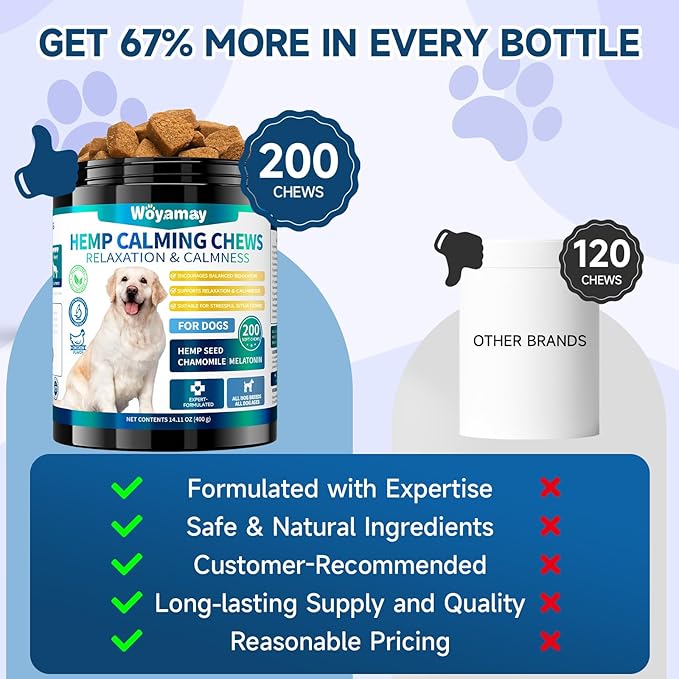 Hemp Calming Chews for Dogs, 200 Treats Dog Calming Chews for Anxiety & Stress Relief, Anxiety Relief Treats for Dogs with Hemp Oil, Melatonin Dog Calm Treats for Stress|Sleep|Separation