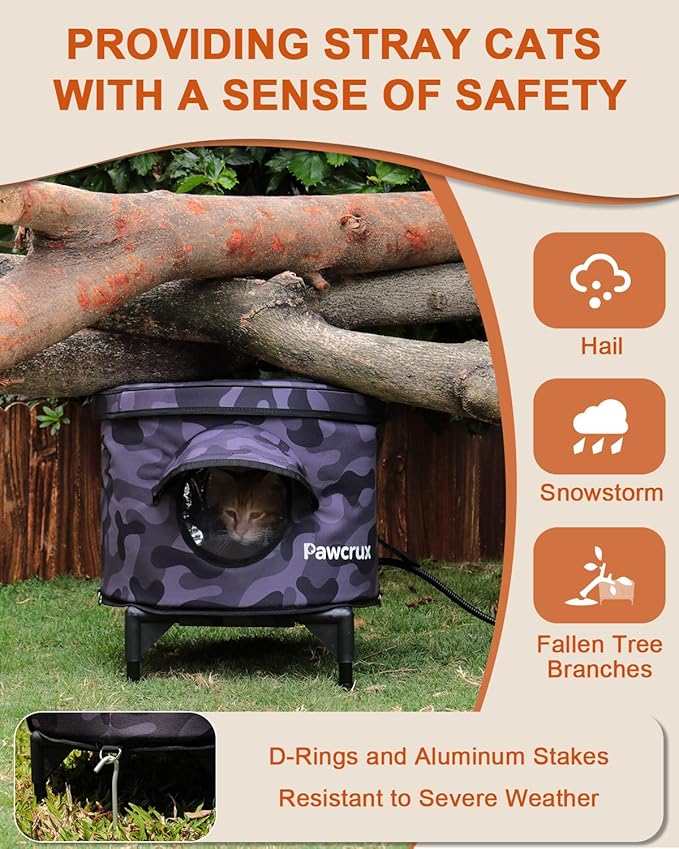 Heated Cat House for Outdoor in Winter, Metal Frame Cat Bed Kitty Shelter with Heating Pad, Insulated & Safe Escape Door & Weatherproof, Warm Home for Outside Stray Cat (Black camo, 16.8"x16.8")