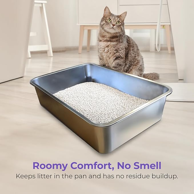 iPrimio Stainless Steel Litter Box - No Stick Litter Pan for Cats - XL Cat Box with Teflon Coating - Never Absorbs Odor or Rust - Ergonomic, Easy to Clean, Durable, Nonstick, Spacious Pans
