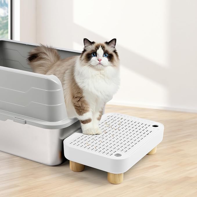 Cat Litter Box Step Ramp, Cat Litter Catcher Mat with Wooden Feet, Filter Function, Pedal Stool for Self-Cleaning Litter Box, Ideal for Kitten & Elderly Cats (White)