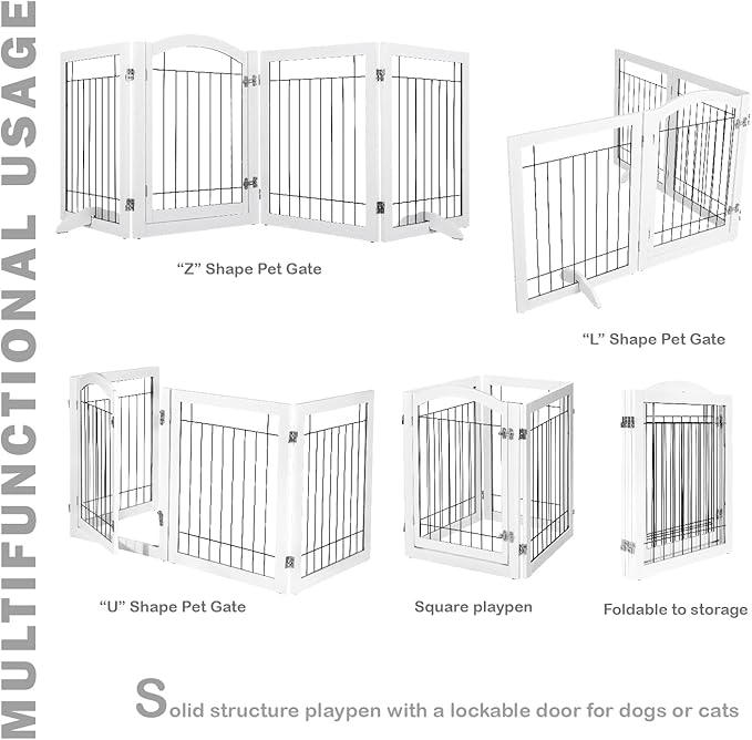 SPIRICH 96-inch Extra Wide 30-inches Tall Dog Gate with Door Walk Through, Freestanding Wire Pet Gate for The House, Doorway, Stairs, Pet Puppy Safety Fence, Support Feet Included (White)