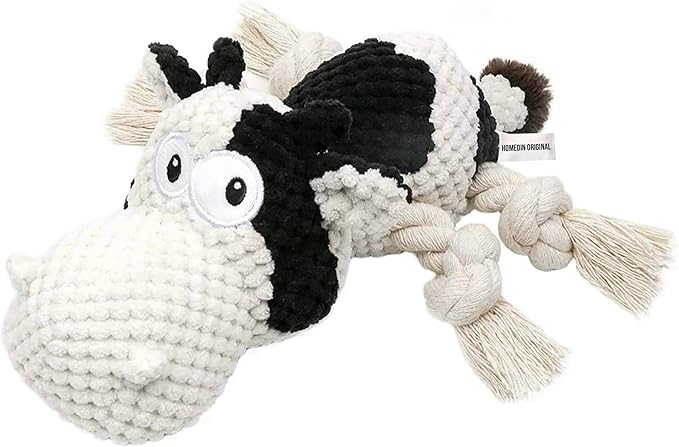 COWIE - Durable Plush Cow Dog Toy with Rope – Soft Chew Toy for Puppies Small Medium & Large Dogs – Crinkle Ears, Teeth-Cleaning & Interactive Squeaky Dog Toys